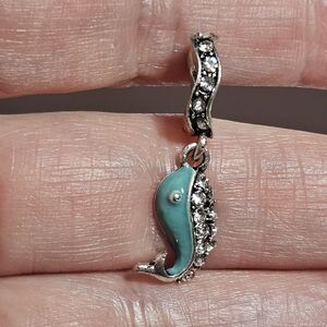 European Slide Charm Silver Tone Blue Enamel Whale Clear Rhinestones